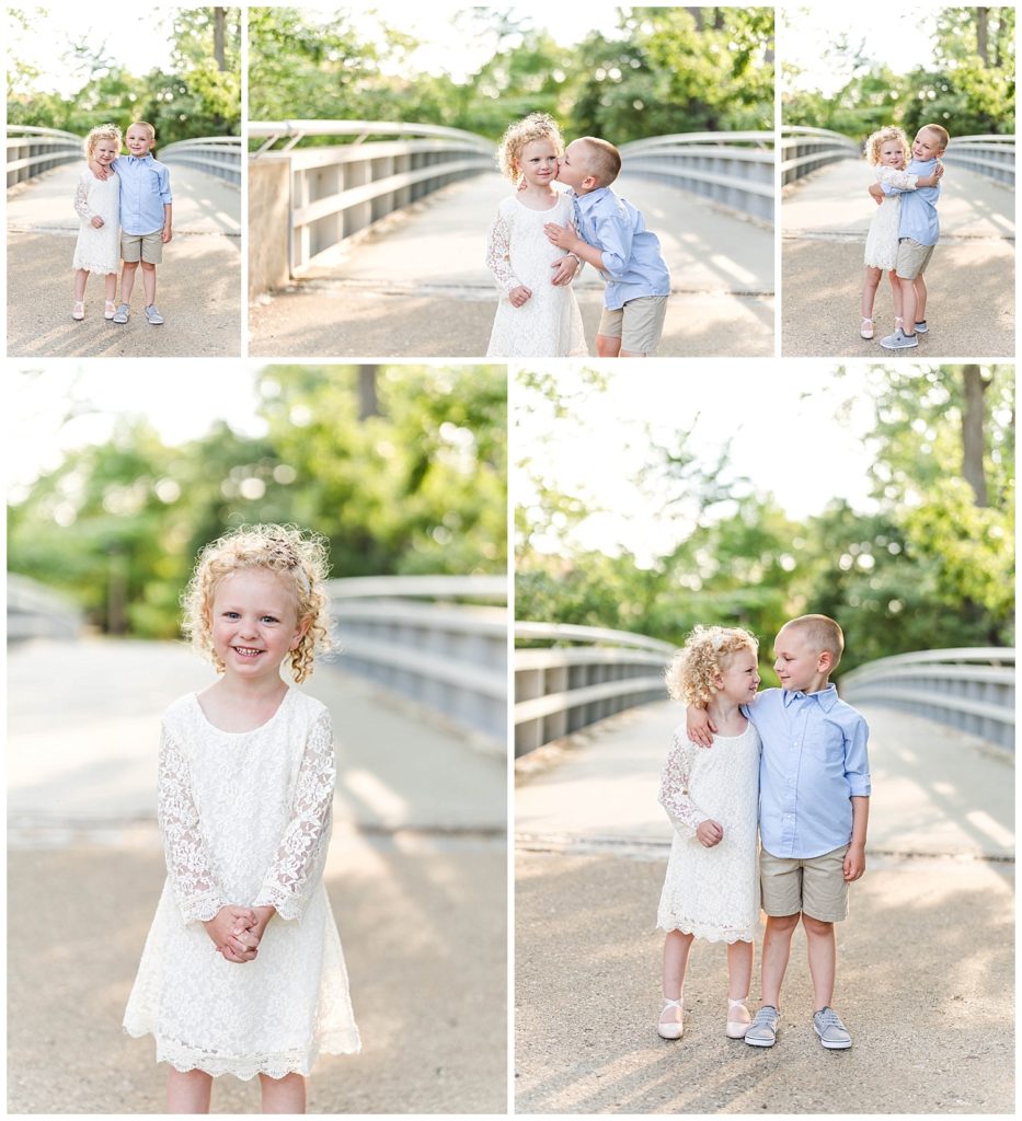 brother and sister hugging and posing together on a bridge