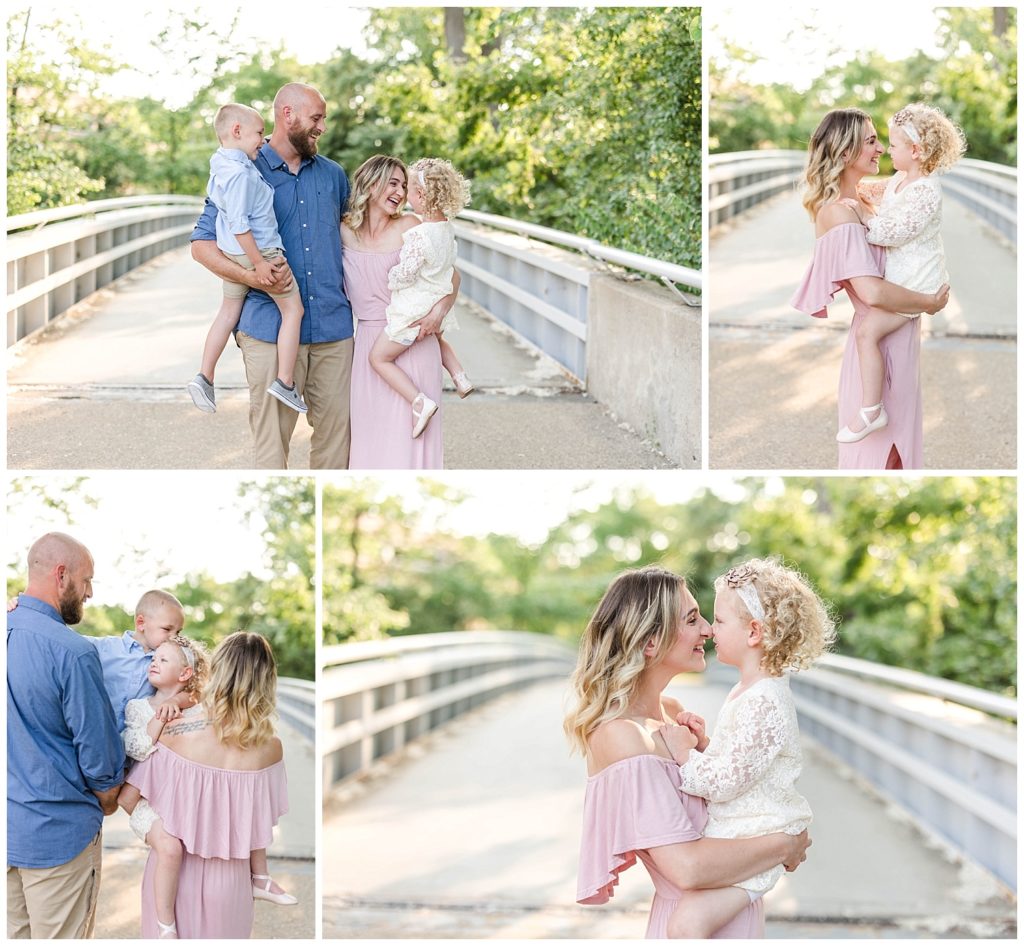 family posing together on a bridge for a family session