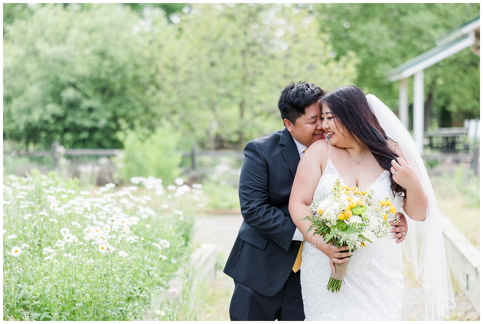 Bride and groom portraits on college campus