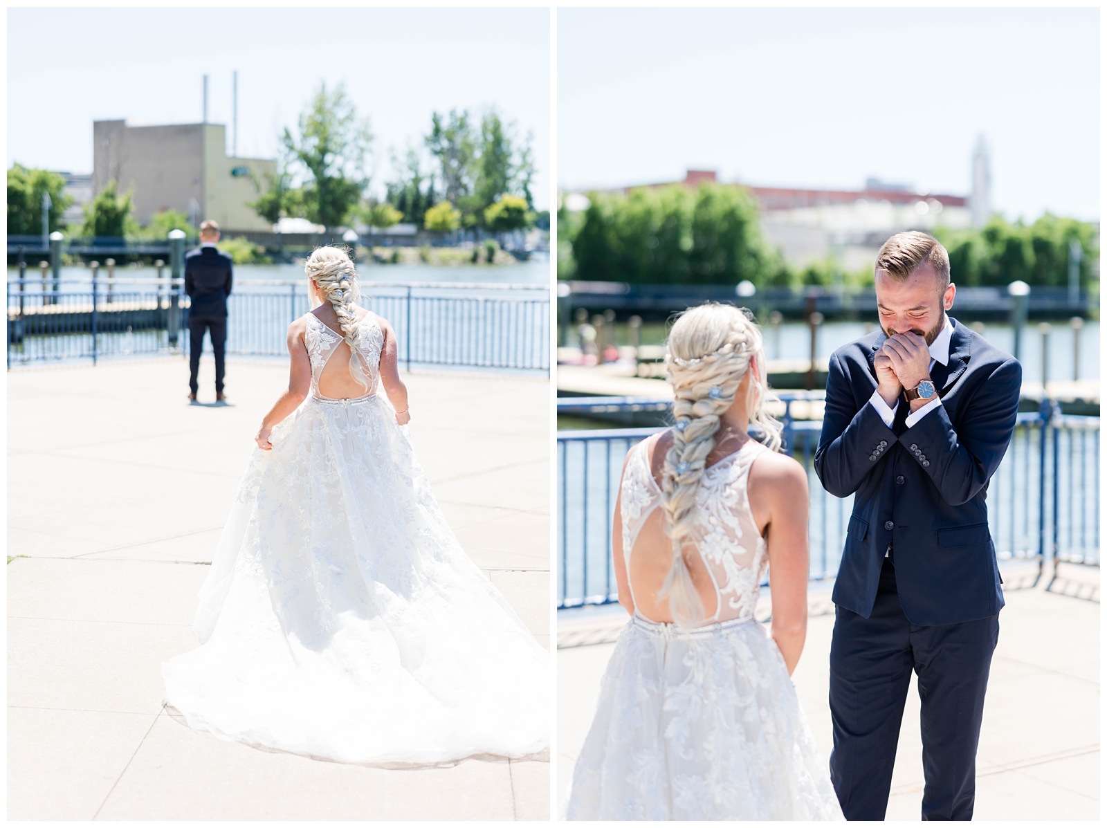 Emotional bride and groom first look