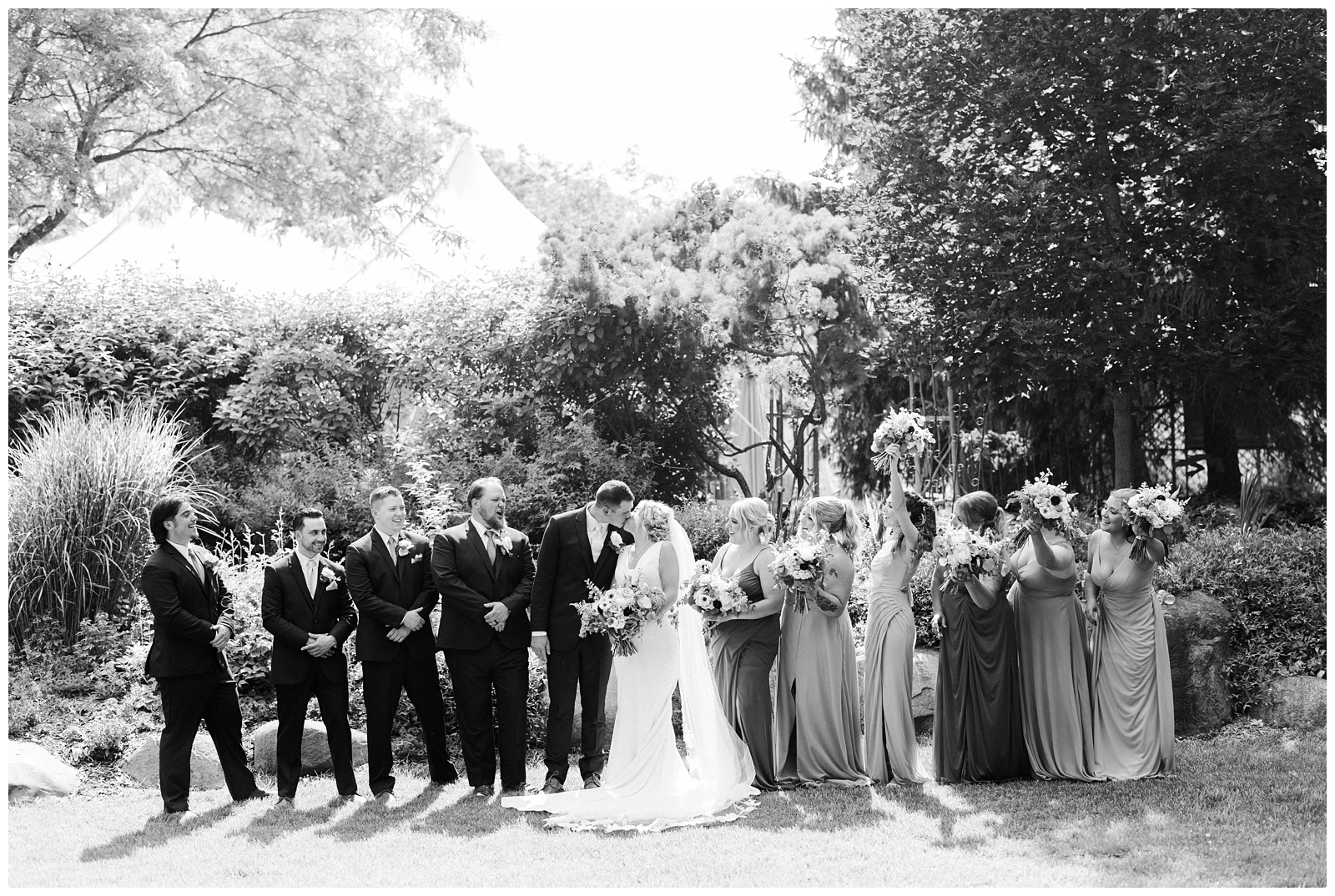 black and white wedding party photo