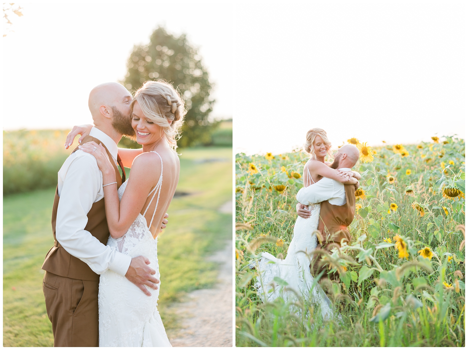 bride and groom photo in sunflower field