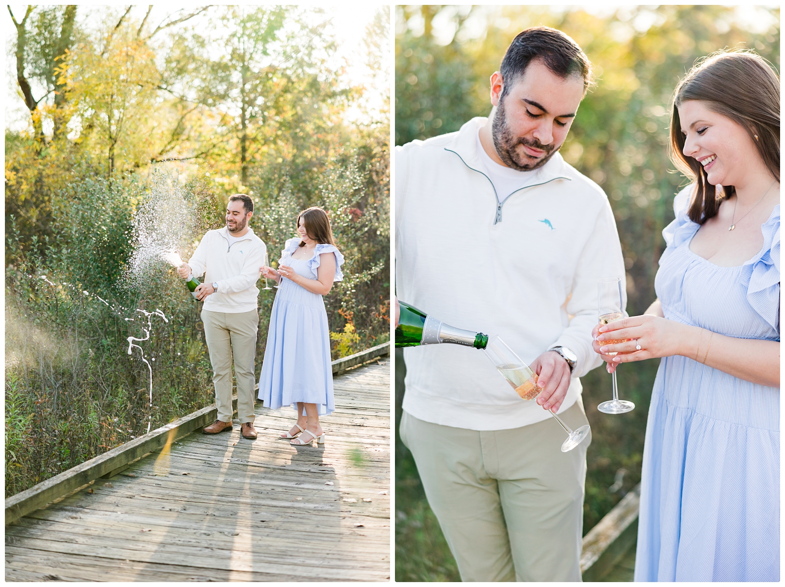 popping champagne at engagement session