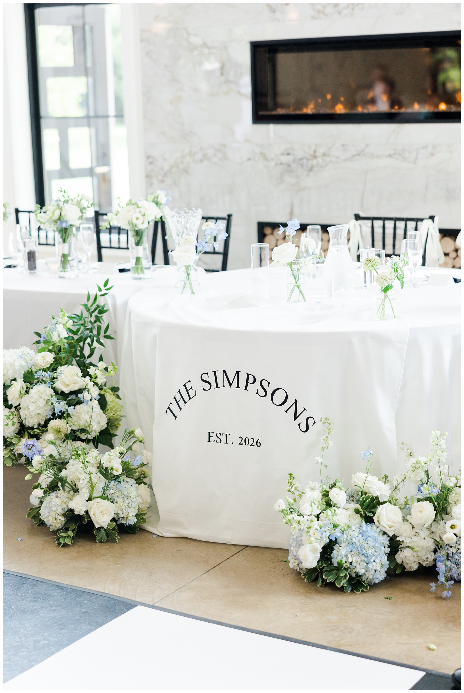 White Birch Wedding Barn wedding reception decor